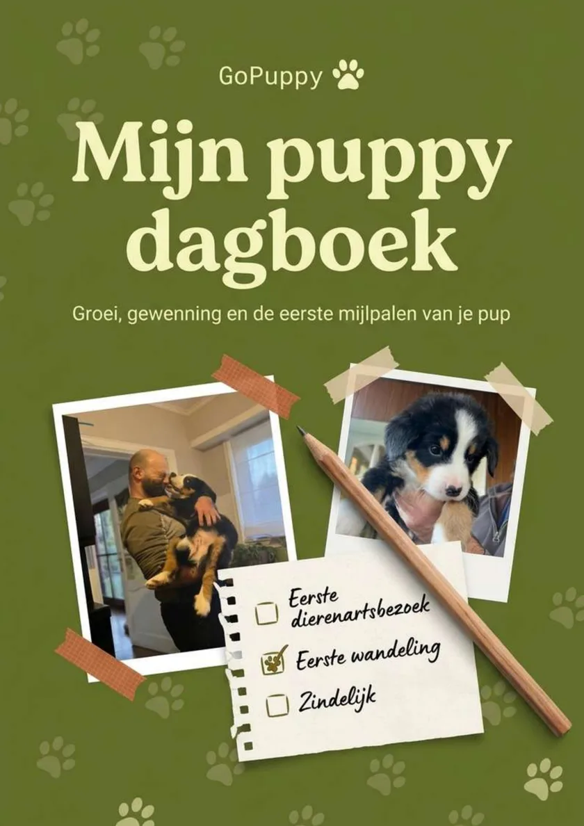 Omslag van het boek Mijn puppy dagboek: groen, met twee foto’s van een puppy en een afvinklijstje